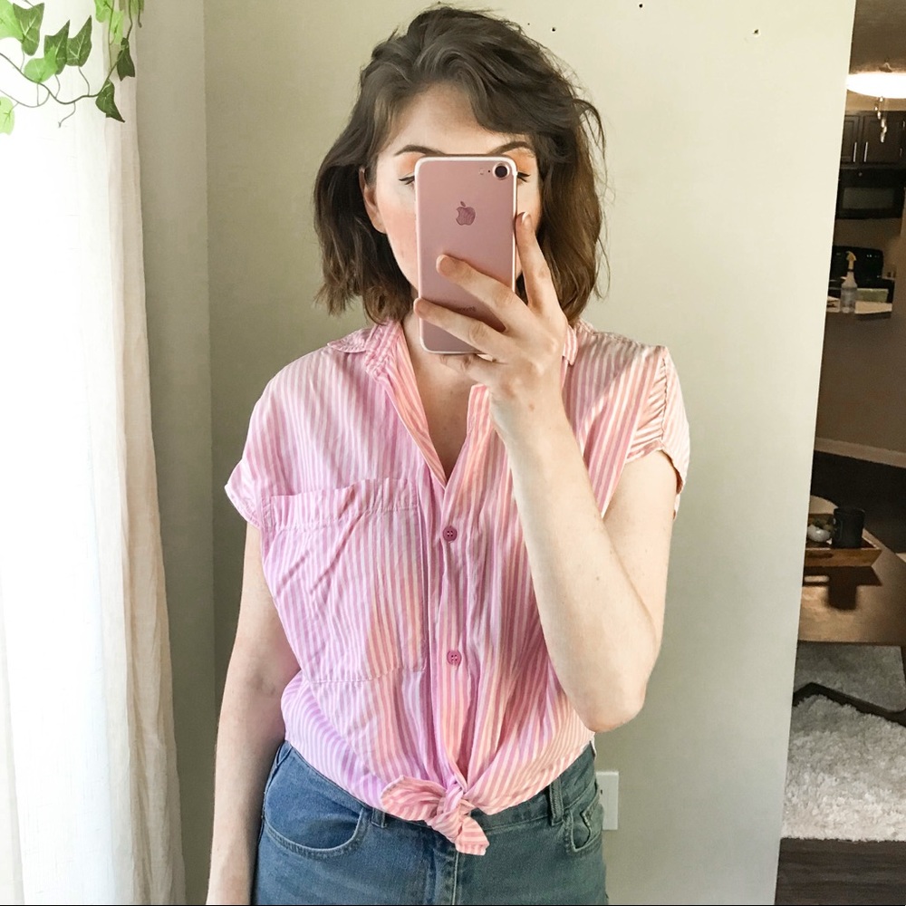 Pink & White Striped Button Down Top - Small